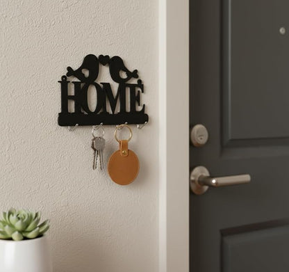 علاقة مفاتيح حائط ديكور خشب MDF من HFR Artech تصميم Homeمع عصافير الحب مزودة بـ 4 خطافات مقاس 25×15 سم تعليق سحري بلاصق دبل فيس قوي بدون مسامير أو تكسير قطعة واحدة باللون الأسود الملكي
